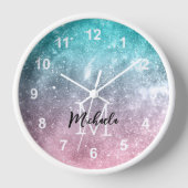 アクアブルーピンクシーグラデーション銀河系抽象芸術モノグラム 壁時計 (正面)