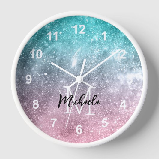 アクアブルーピンクシーグラデーション銀河系抽象芸術モノグラム 壁時計 (正面)