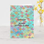 アクアブルーピンクパープル金ゴールドグリッターマーメイド カード (黄色い花)