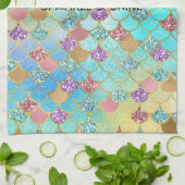 アクアブルーピンクパープル金ゴールドグリッターマーメイド キッチンタオル (折り畳み)