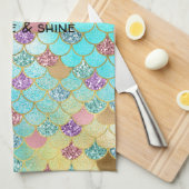 アクアブルーピンクパープル金ゴールドグリッターマーメイド キッチンタオル (四つ折り)