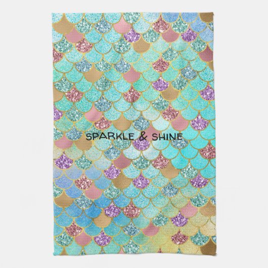 アクアブルーピンクパープル金ゴールドグリッターマーメイド キッチンタオル (縦)