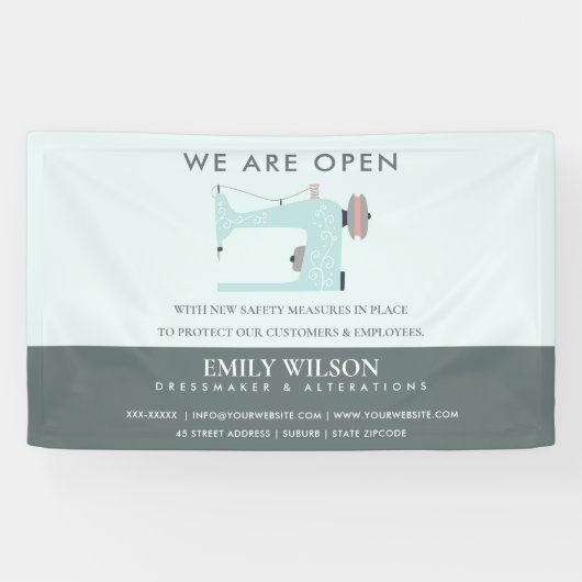 アクアブルーピンク裁縫ミシンのテーラーリオープン 横断幕 (横)
