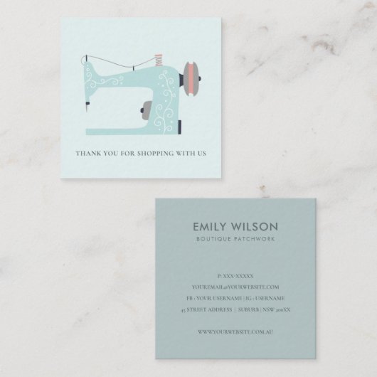 アクアブルーピンク裁縫機ありがとうショッピング スクエア名刺 (正面/裏面)