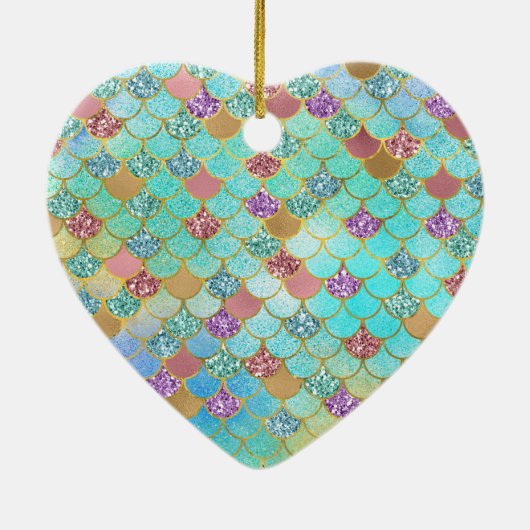 アクアブルーピンク金ゴールドグリッターマーメイド セラミックオーナメント (裏面)