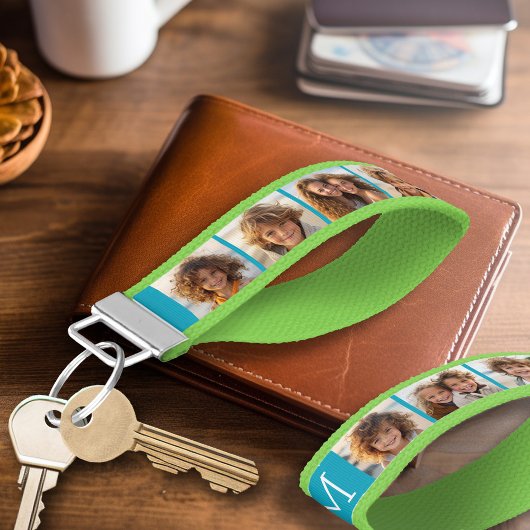 アクアブルーフォトコラージュカスタムモノグラム リストバンドキーホルダー