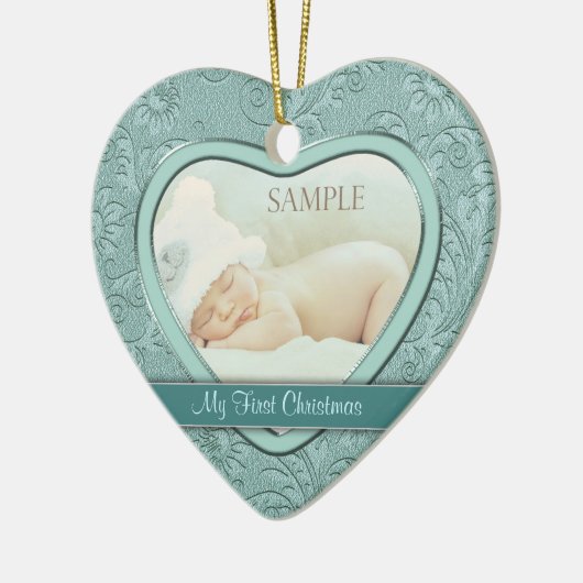 アクアブルーフローラスワールベビー初めてのクリスマス セラミックオーナメント (左)