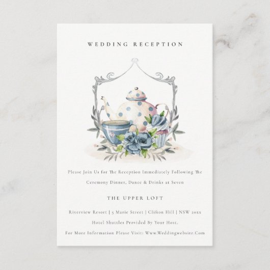 アクアブルーフローラティーポットカップウェディングレセプション エンクロージャーカード (正面)
