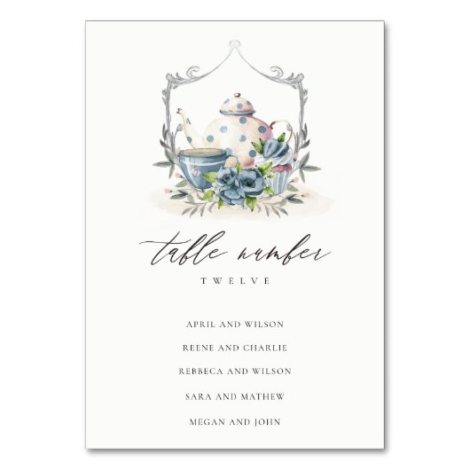 アクアブルーフローラティーポットカップ結婚クレストの座席 テーブルナンバー (裏面)