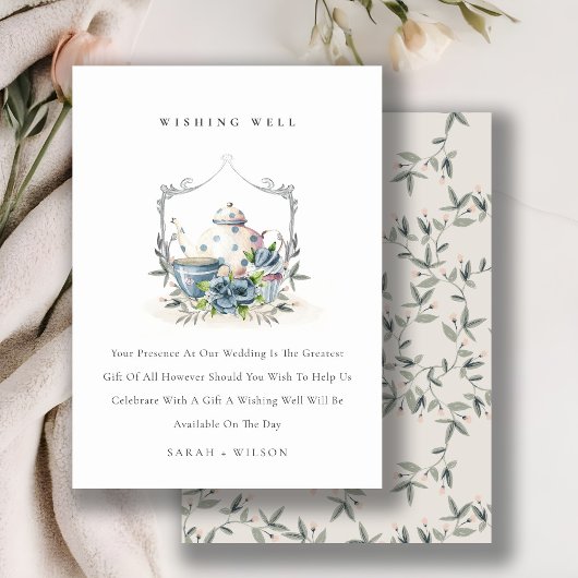 アクアブルーフローラティーポット結婚カップの願い井戸 エンクロージャーカード