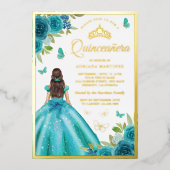 アクアブルーフローラドレスバタフライキンセアニェラ金ゴールド 箔招待状 (正面)