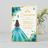 アクアブルーフローラドレスバタフライキンセアニェラ金ゴールド 箔招待状 (立ち正面)