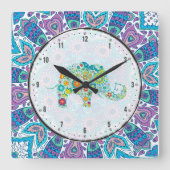 アクアブルーフローラレース&エレファカラフルント スクエア壁時計 (正面)