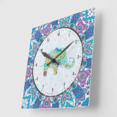 アクアブルーフローラレース&エレファカラフルント スクエア壁時計 (傾斜)