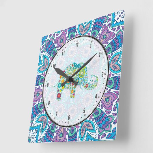 アクアブルーフローラレース&エレファカラフルント スクエア壁時計 (傾斜)
