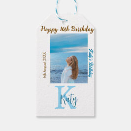 アクアブルーブラウンハッピー16th誕生日の写真名 ギフトタグ