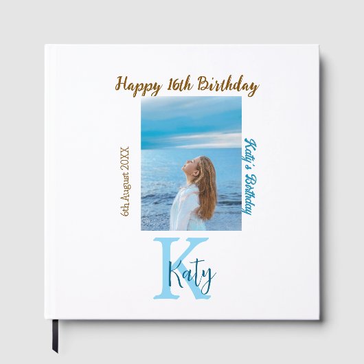 アクアブルーブラウンハッピー16th誕生日の写真名 ゲストブック (正面)