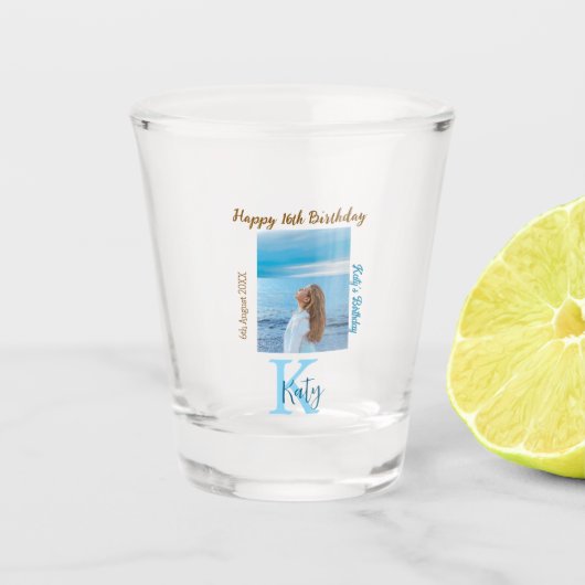 アクアブルーブラウンハッピー16th誕生日の写真名 ショットグラス (正面)