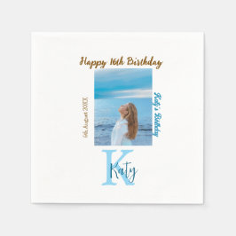 アクアブルーブラウンハッピー16th誕生日の写真名 スタンダードカクテルナプキン