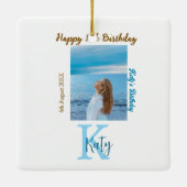 アクアブルーブラウンハッピー16th誕生日の写真名 セラミックオーナメント (裏面)