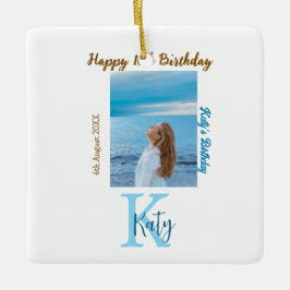アクアブルーブラウンハッピー16th誕生日の写真名 セラミックオーナメント