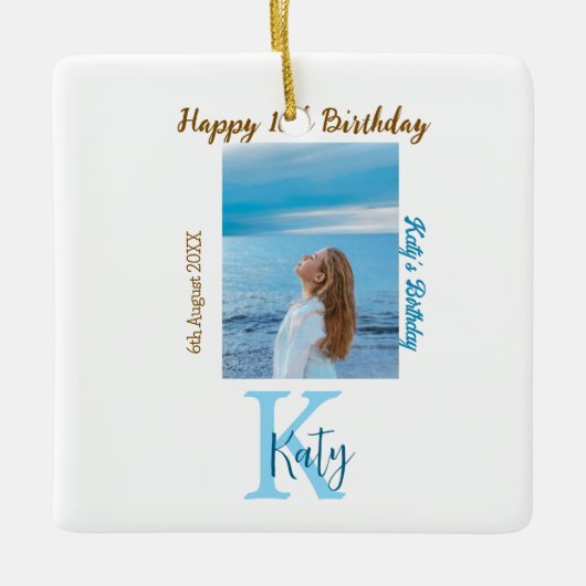 アクアブルーブラウンハッピー16th誕生日の写真名 セラミックオーナメント (正面)