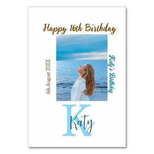 アクアブルーブラウンハッピー16th誕生日の写真名 テーブルナンバー (正面)