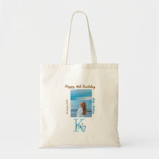 アクアブルーブラウンハッピー16th誕生日の写真名 トートバッグ (正面)