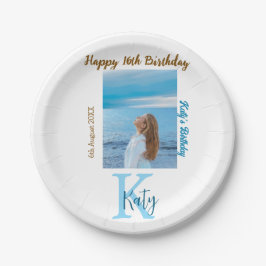 アクアブルーブラウンハッピー16th誕生日の写真名 ペーパープレート