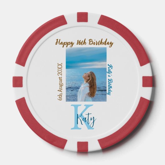 アクアブルーブラウンハッピー16th誕生日の写真名 ポーカーチップ (正面)