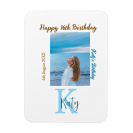 アクアブルーブラウンハッピー16th誕生日の写真名 マグネット