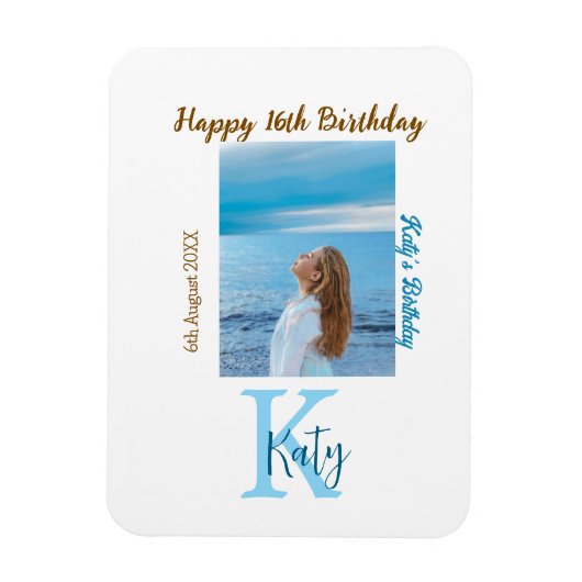 アクアブルーブラウンハッピー16th誕生日の写真名 マグネット (縦)