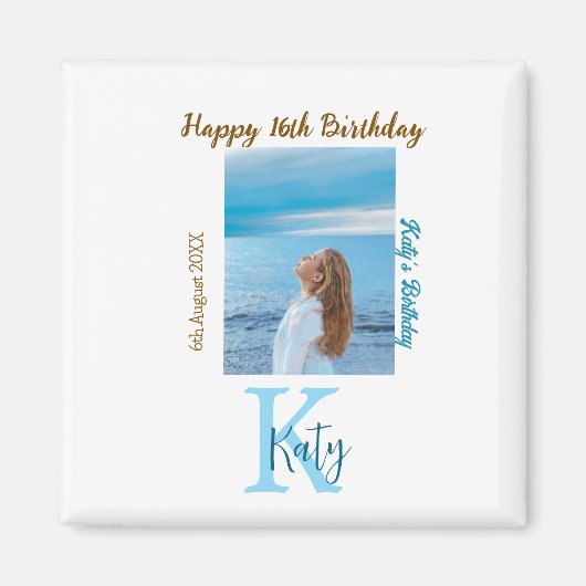 アクアブルーブラウンハッピー16th誕生日の写真名 マグネット (正面)