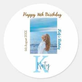 アクアブルーブラウンハッピー16th誕生日の写真名 ラウンドシール