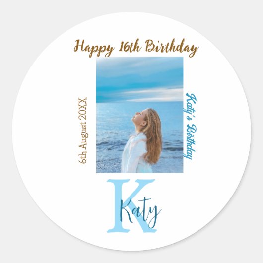 アクアブルーブラウンハッピー16th誕生日の写真名 ラウンドシール (正面)