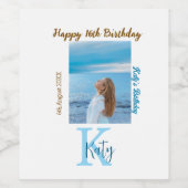 アクアブルーブラウンハッピー16th誕生日の写真名 ワインラベル (シングルラベル)