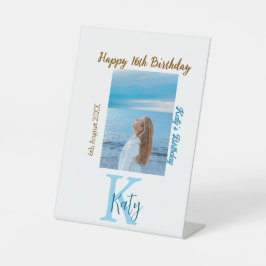 アクアブルーブラウンハッピー16th誕生日の写真名 台座サイン