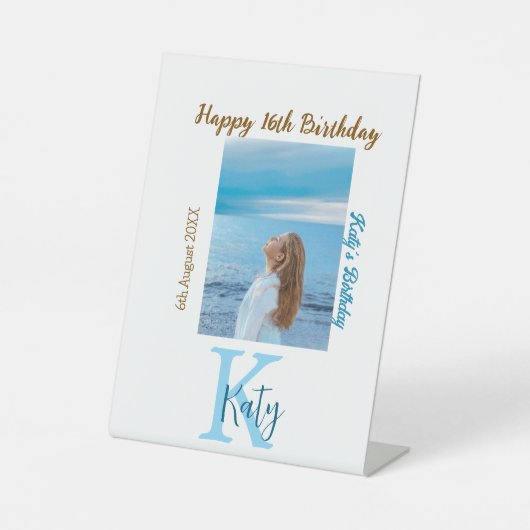 アクアブルーブラウンハッピー16th誕生日の写真名 台座サイン (正面)