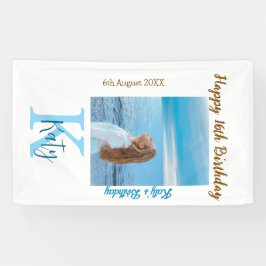 アクアブルーブラウンハッピー16th誕生日の写真名 横断幕