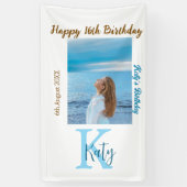 アクアブルーブラウンハッピー16th誕生日の写真名 横断幕 (縦)