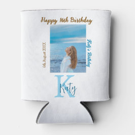 アクアブルーブラウンハッピー16th誕生日の写真名 缶クーラー