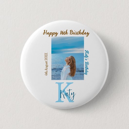 アクアブルーブラウンハッピー16th誕生日の写真名 缶バッジ (正面)