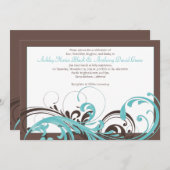 アクアブルーブラウンフローラ結婚式招待状 招待状 (正面/裏面)