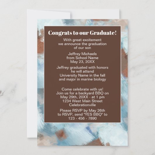 アクアブルーブラウンベージュ抽象芸術卒業 案内状 (裏面)