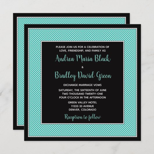 アクアブルーブラック水玉模様結婚式招待状 招待状 (正面/裏面)