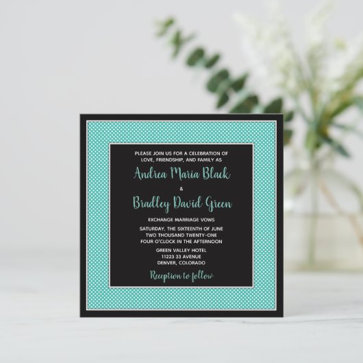 アクアブルーブラック水玉模様結婚式招待状 招待状 (スタンド正面)