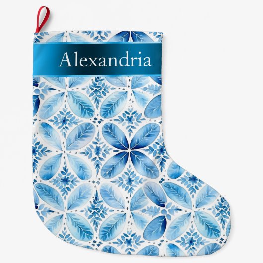 アクアブルーホワイトろうけつ染めフローラクリスマス名 ラージクリスマスストッキング (正面)