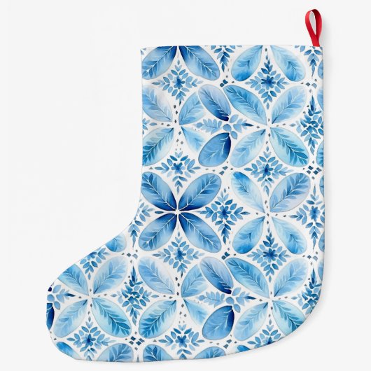 アクアブルーホワイトろうけつ染めフローラクリスマス名 ラージクリスマスストッキング (裏面)