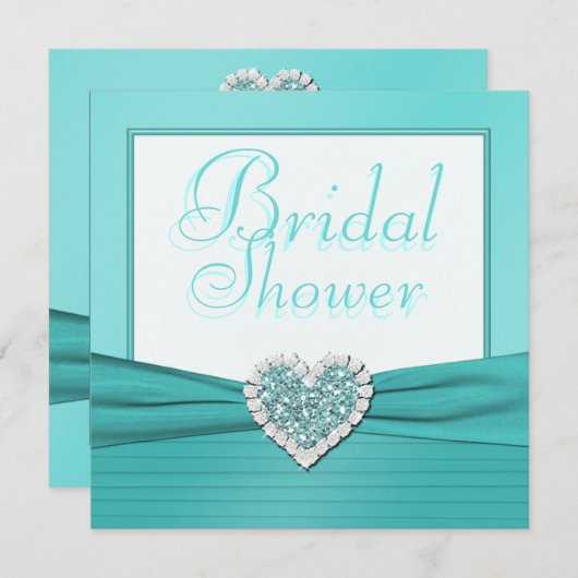アクアブルーホワイトジュエルハートブライダルシャワー招待状 招待状 (正面/裏面)