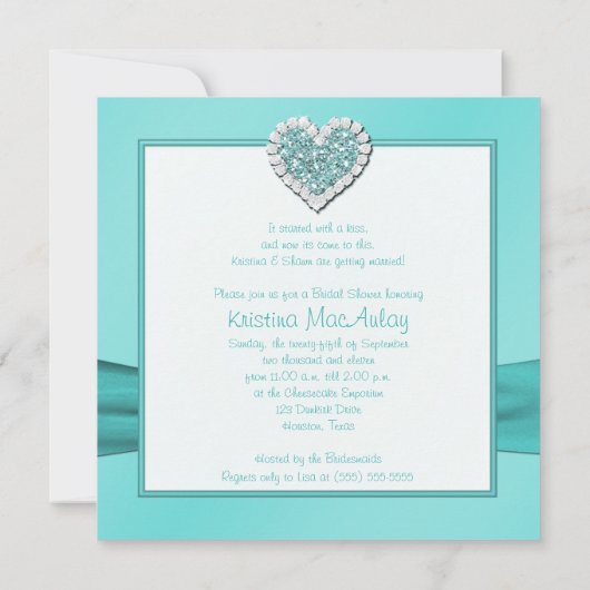 アクアブルーホワイトジュエルハートブライダルシャワー招待状 招待状 (裏面)